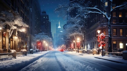 Fototapeta na wymiar Snowy Night in the City: enchanting winter beauty of urban landscapes under a blanket of snow.