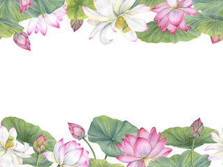 Seamless banner of Vietnamese national flowers. Pink lotus with green leaves. Water lily, Indian lotus, green leaf, bud. Space for text. Watercolor illustration. Horizontal board