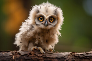 A baby owl perched, focus on the feathers and eyes