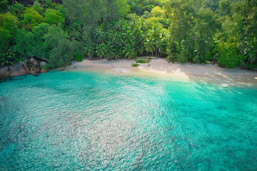 Drone bird eye view at Anse solei beach, white sandy beach, turquoise and calm sea and trees, Mahe Seychelles 4.