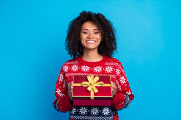Fototapeta premium Portrait of nice charming lady wear red sweater hold wrapped gift box celebrating merry christmas party isolated on blue color background