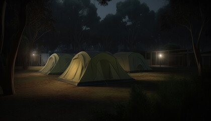 Nighttime adventure in illuminated dome tent amidst mountain wilderness generated by AI