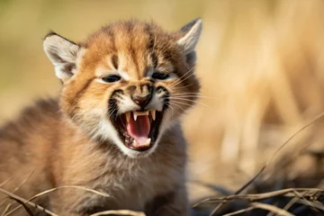 Tuinposter A baby puma yawning, focus on the teeth and expression © Nino Lavrenkova