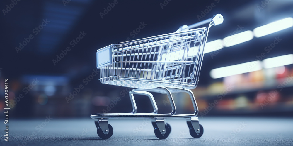 Poster a shopping cart sitting on top of a floor. suitable for illustrating retail concepts and shopping ex