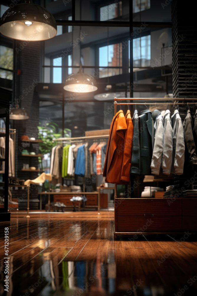 Poster a picture of a clothing store with clothes hanging on a rack. this image can be used to showcase the