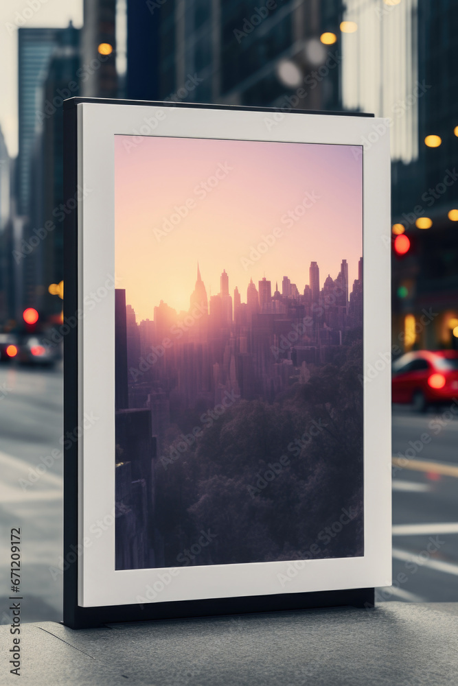 Poster a stunning cityscape with a beautiful sunset in the background. perfect for adding a touch of sereni