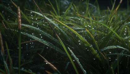 Vibrant green meadow, wet with dew drops, reflects autumn beauty generated by AI