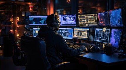 An individual in a control room, surrounded by multiple screens displaying data, is focused on monitoring tasks while wearing headphones.