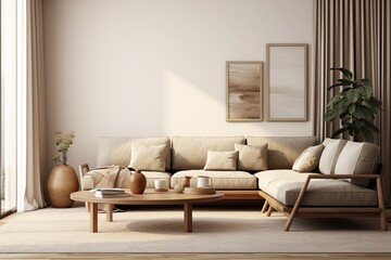 a scandinavian living room held in beige and brown colors - interior design concept