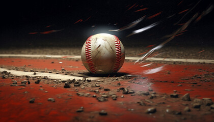 Competitive baseball team hitting ball with fiery speed on infield generated by AI - obrazy, fototapety, plakaty