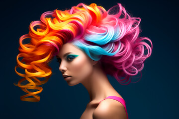 Portrait of a beautiful girl with rainbow neon asymmetric hair style on blue background.