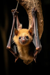 A bat hanging upside down, focus on the claws and fur. Vertical photo