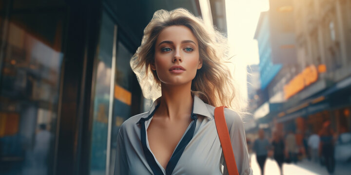 A woman is walking down a city street. This image can be used to depict urban life or as a representation of daily routines in a bustling city