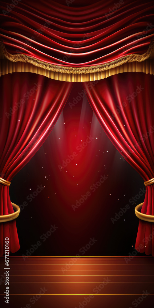 Poster a stage with a red curtain and a gold ring. this image can be used to depict a theatrical performanc
