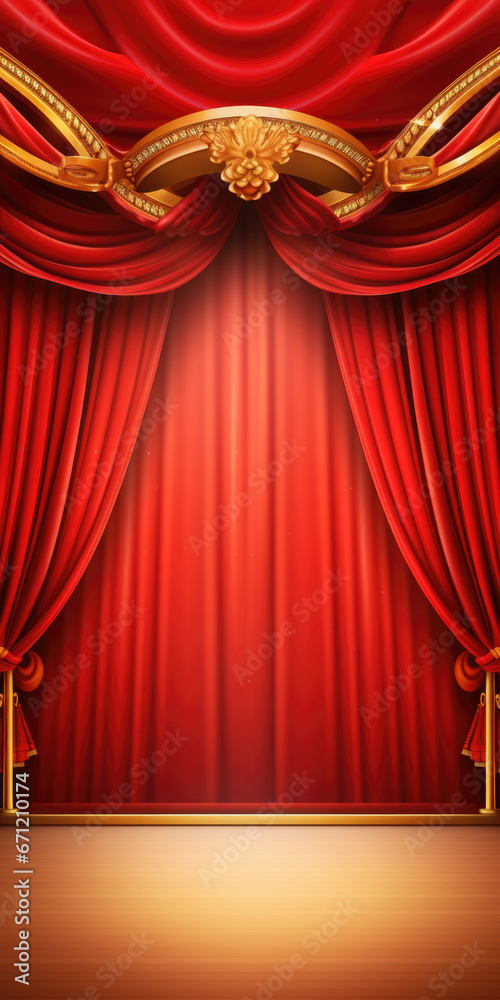 Poster a stage with a red curtain and gold trim. perfect for theater performances and events.