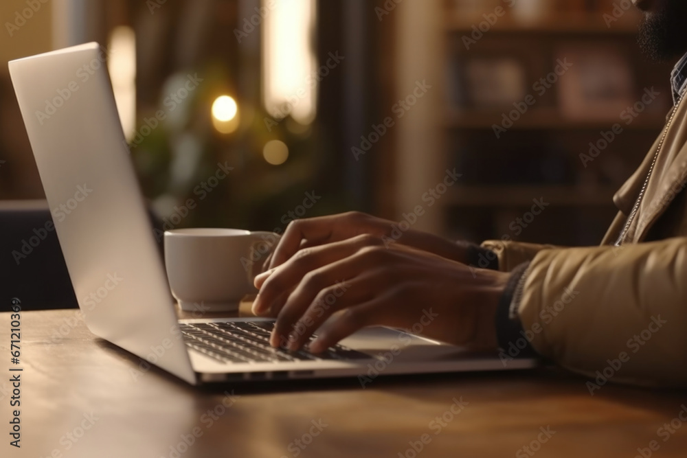 Poster A person is seen typing on a laptop while holding a cup of coffee. This image can be used to depict a professional working environment or someone working remotely in a coffee shop