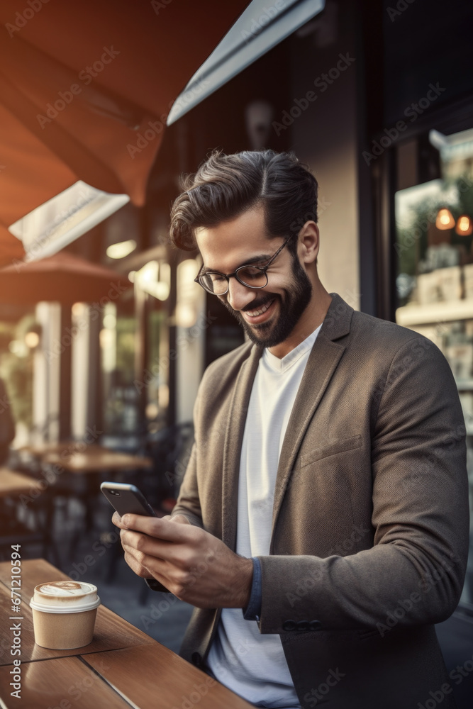 Aufkleber A man sitting at a table and using a cell phone. This image can be used to depict modern technology and communication