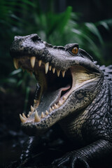A crocodile with its mouth open, focus on the teeth. Vertical photo