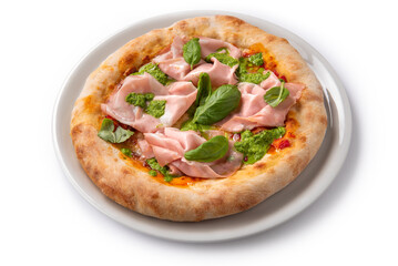 Deliziosa pizza gourmet condita con sugo, mozzarella, pesto e mortadella, cibo italiano 