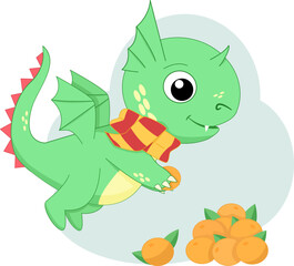 green cute dragon with tangerines, character, year of the dragon 2024, holidays, vector illustration	