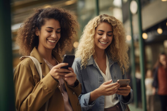 Two women standing next to each other, both engaged in using their cell phones. This image can be used to depict modern technology usage, friendship, or social media interaction