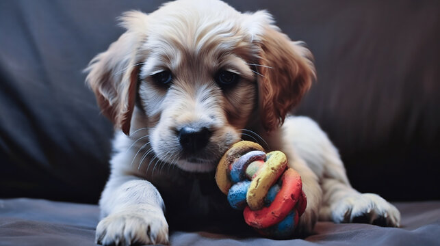 cocker spaniel puppy playing with his toy