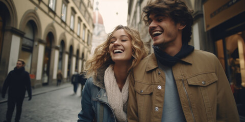 A picture of a man and a woman walking down a street. Suitable for illustrating urban life and relationships