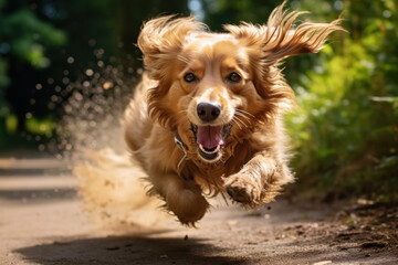 The dog cheerfully and quickly rushes forward along the path