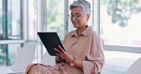 Business woman, tablet and communication for online browsing, networking or social media at office. Female person or employee working on technology app for email, research or internet at workplace