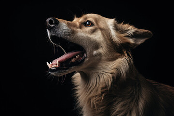 A dog howling, focus on the open mouth and expression