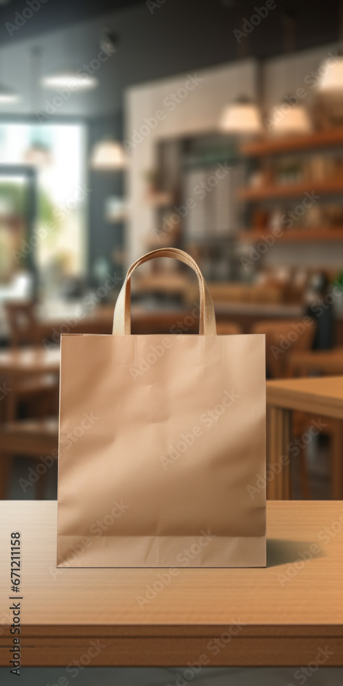 Aufkleber A paper bag sitting on top of a wooden table. This versatile image can be used to represent concepts such as sustainability, shopping, recycling, or even a simple still life composition.