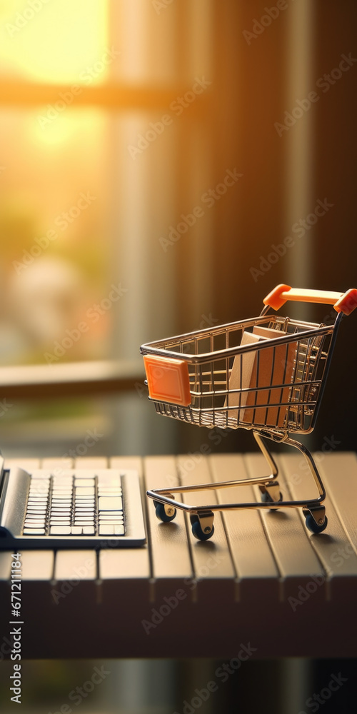 Poster A shopping cart sitting on top of a laptop computer. This image can be used to represent online shopping or e-commerce.