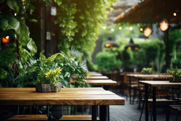 Obraz premium A simple wooden table with a vibrant potted plant on top. This image can be used to add a touch of nature and freshness to any interior design concept.