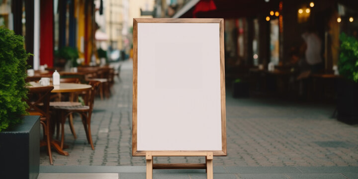 A picture of a blank sign standing in front of a sidewalk cafe. This image can be used to advertise daily specials or promotions for the cafe.
