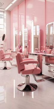 A salon with pink chairs and mirrors on the wall. This image can be used to showcase a modern and stylish hair salon or beauty parlor.