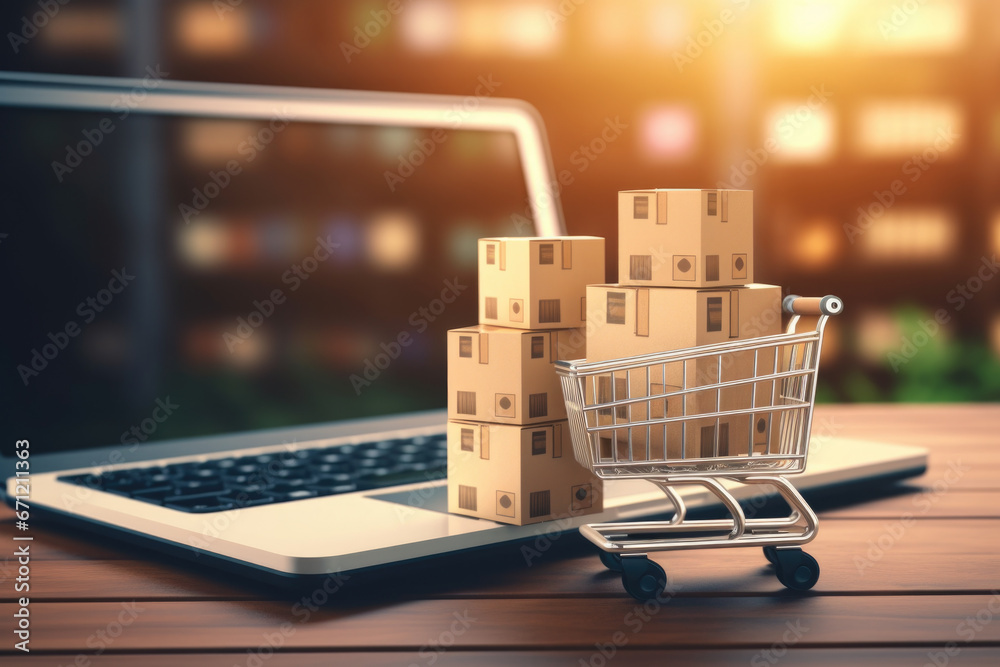 Aufkleber A shopping cart is seen next to a laptop computer. This versatile image can be used to represent online shopping, e-commerce, or technology.