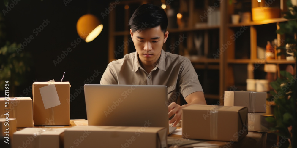 Poster A man sitting at a table, focused on his laptop. This image can be used to depict a professional working environment or someone engaged in remote work.