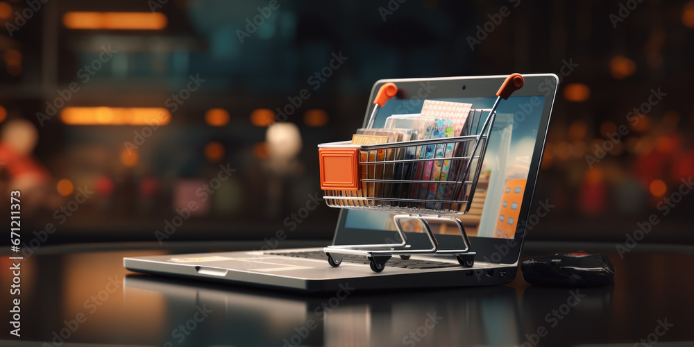 Poster a shopping cart is placed on top of a laptop computer. this image can be used to represent online sh