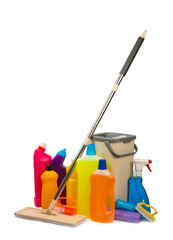 Plastic mop and bucket with cleaning supplies isolated on white background. Bottles with various detergents.Cleaning agent for windows, floor,toilets and plumbing fixtures.Cleaning of home and offices