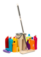 Fototapeta premium Plastic mop and bucket with cleaning supplies isolated on white background. Bottles with various detergents.Cleaning agent for windows, floor,toilets and plumbing fixtures.Cleaning of home and offices