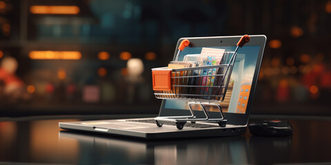 A shopping cart is placed on top of a laptop computer. This image can be used to represent online shopping, e-commerce, or the concept of purchasing products online. - obrazy, fototapety, plakaty