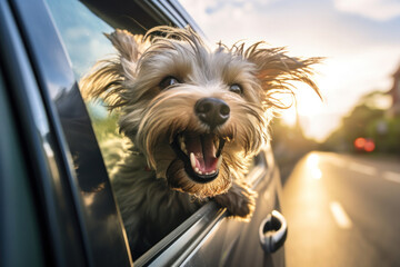 A dog with its head out of a car window, focus on the joy and wind in the fur