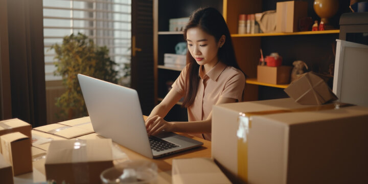 A woman sitting at a desk using a laptop computer. This image can be used to depict work, remote work, technology, online communication, or productivity.