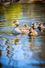 A family of ducks swimming in a pond, focus on the ripples and reflections. Vertical photo