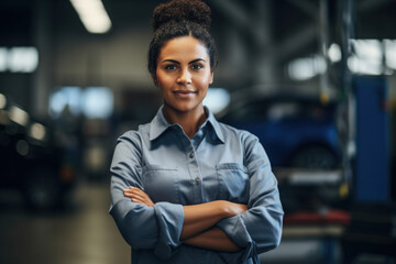 Fototapeta premium A woman stands in a garage with her arms crossed. This image can be used to depict confidence, determination, and independence in various contexts.