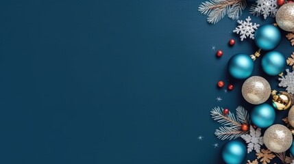 frame of christmas decoration on a blue background - copyspace mockup template