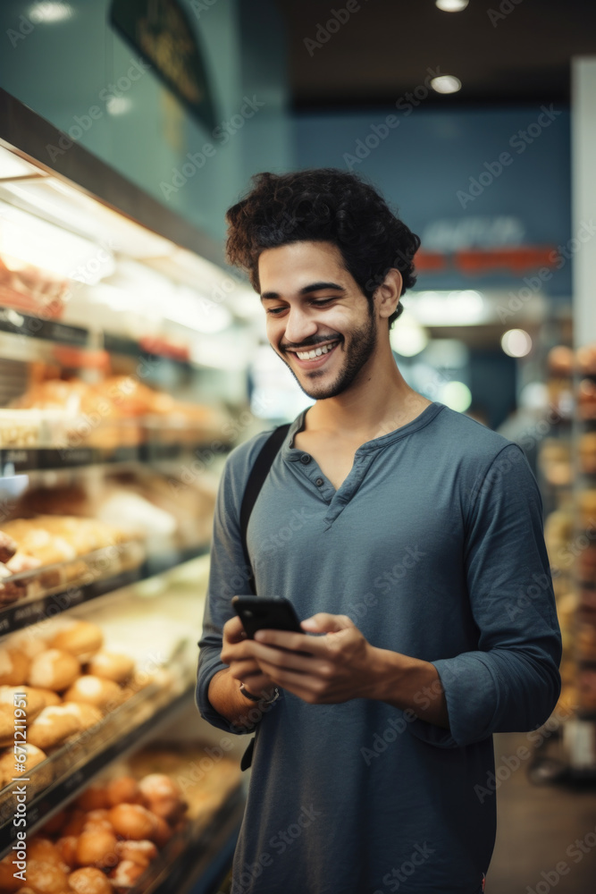 Aufkleber A man standing in front of a bakery, engrossed in his cell phone. This image can be used to depict modern technology usage and the influence of smartphones in daily life.