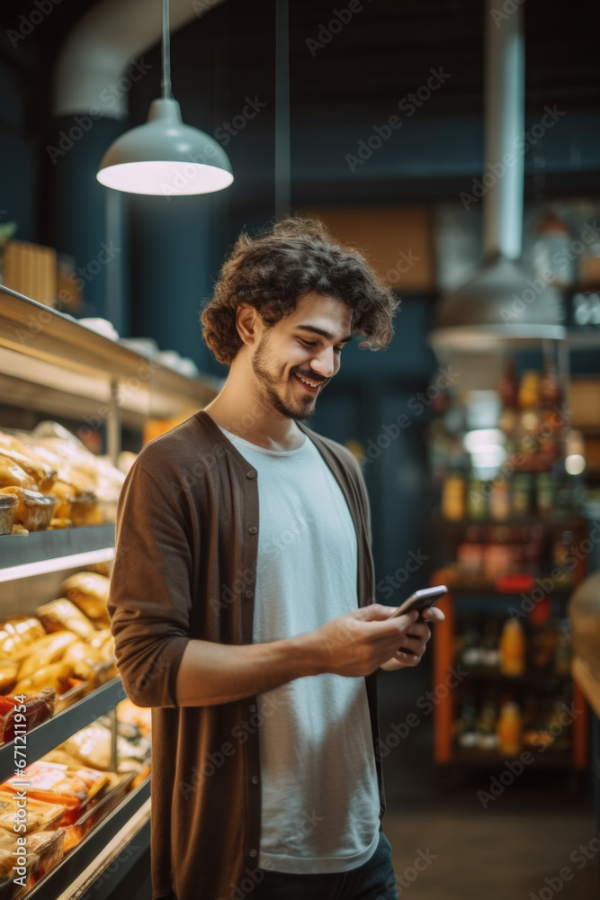 Poster a man is pictured looking at his cell phone in a store. this image can be used to illustrate modern 