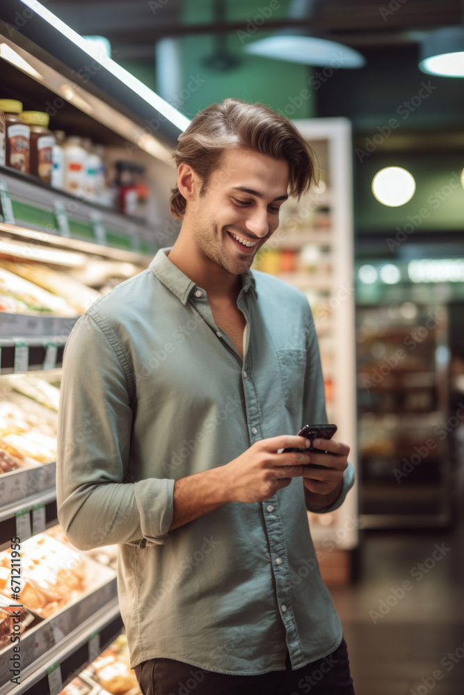 Poster a man is seen looking at his cell phone while shopping in a grocery store. this image can be used to