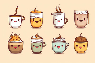 A collection of coffee cups featuring various facial expressions. Perfect for adding a touch of personality to your morning routine or for use in coffee-themed designs.